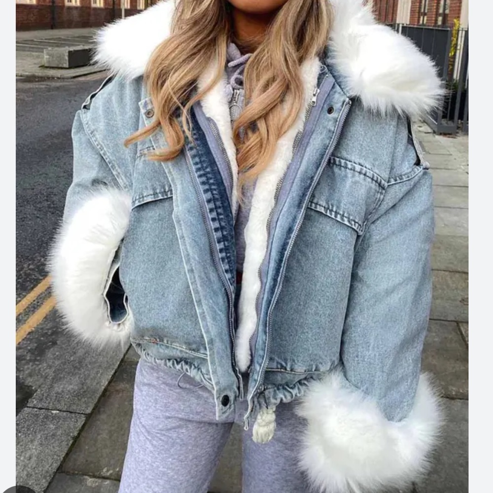 White faux fur denim jacket